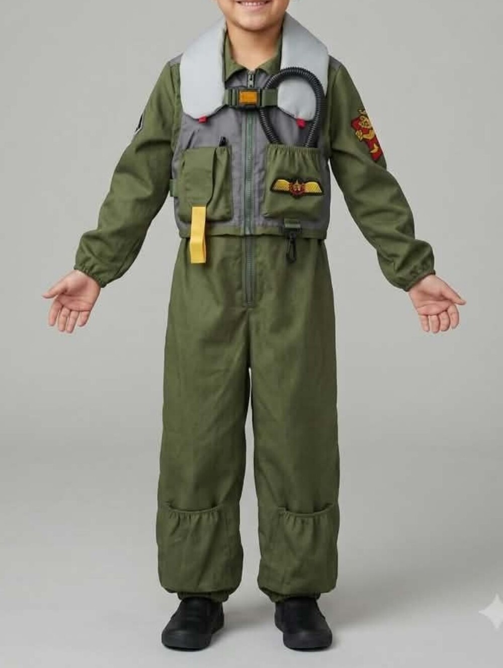 Kids Fighter Jet Pilot Costume Flight Suit Vest & Patches - 6-8years